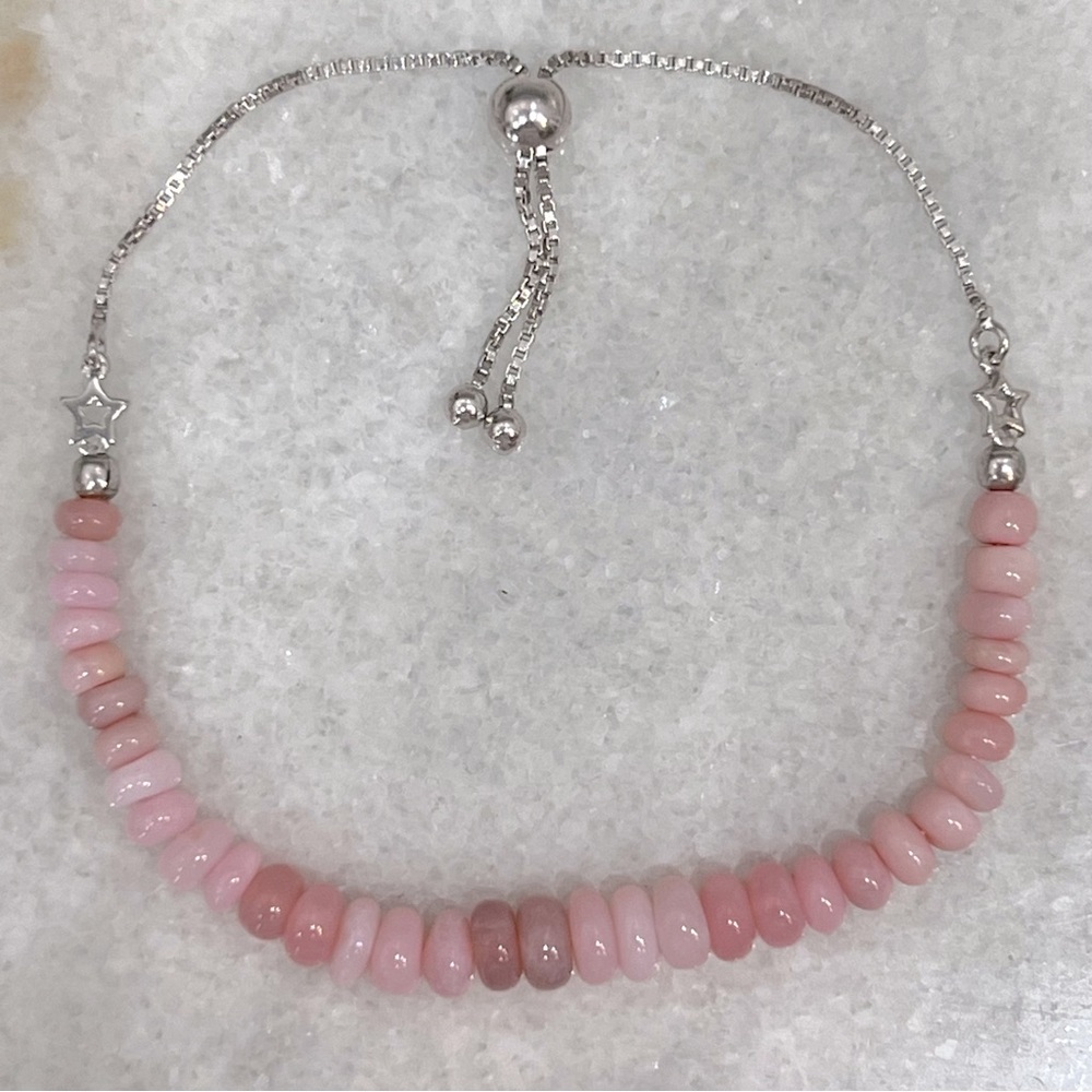 Peruvian Pink Opal Bead Sterling Silver BOLO Bracelet - Picture 4 of 9